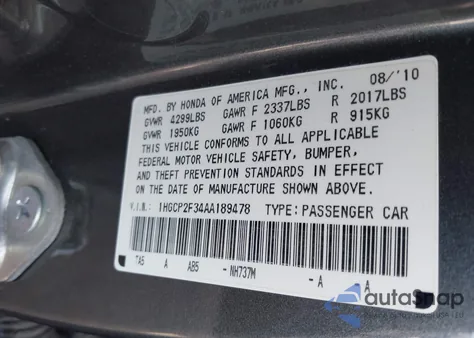 2010 Honda Accord 2.4 Lx из США, поврежденный, VIN 1HGCP2F34AA189478